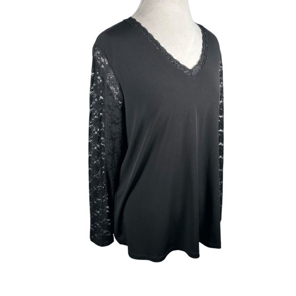 Susan Graver Black Tunic Shirt Sheer Lace Sleeves Romantic Boho Slinky Size 1X - Picture 2 of 9